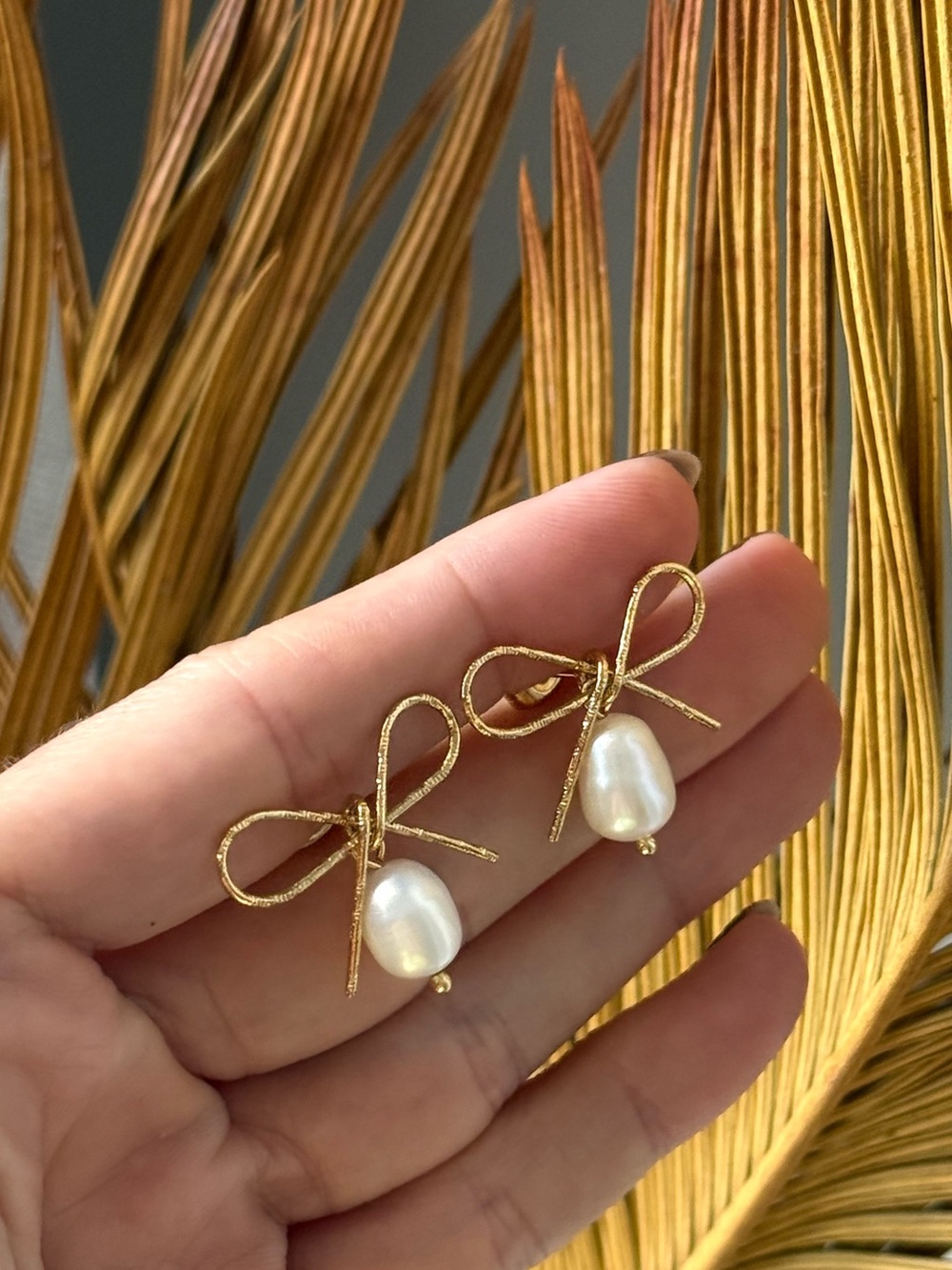 Gold Bow Pearl Drop Earrings Coquette Dainty Ribbon Wedding Bridal Boutique NEW
